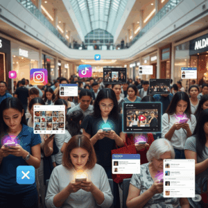 People in a mall looking at their social media on their smart phones